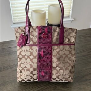 Coach Beige and Magenta Signature Tote 2013